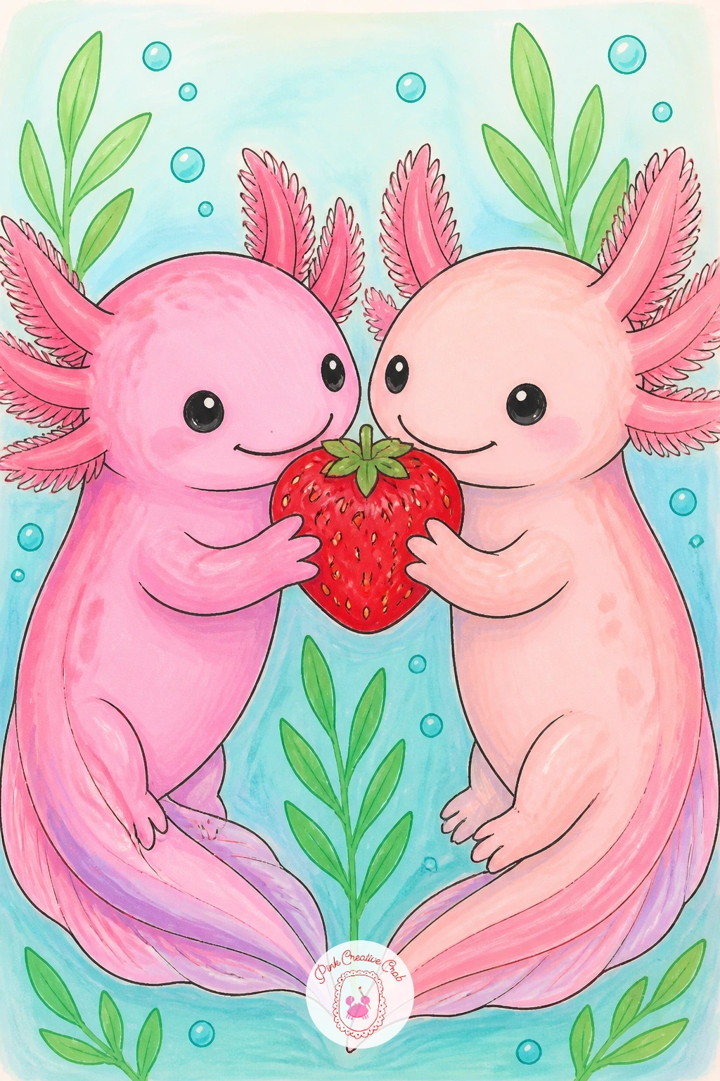 Two Axolotls Sharing a Strawberry — Move from one axolotl to two for this idea, facing each other with a strawberry between them. Axolotl drawing