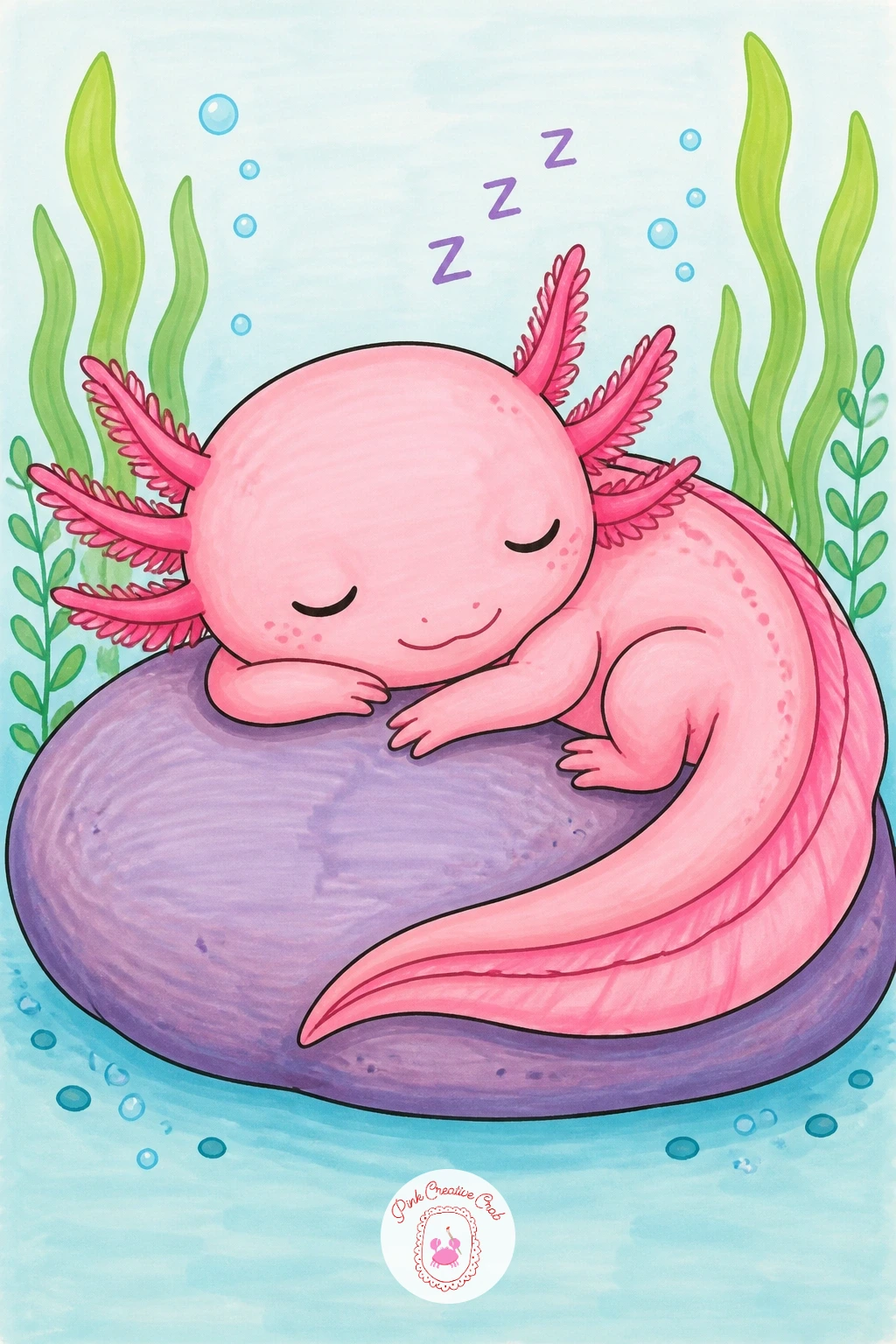 Axolotl Sleeping on a Pebble — Slow the mood down with a sleeping axolotl curled on a smooth round pebble. Axolotl drawing