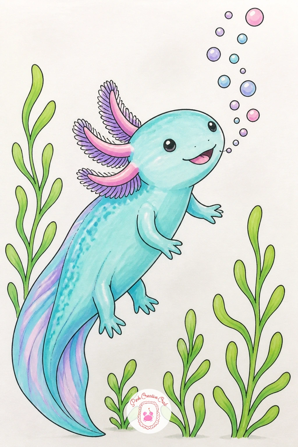 Axolotl Blowing Bubbles — Bring in some movement with an axolotl mid-swim, blowing a trail of bubbles from its smiling mouth. Axolotl drawing