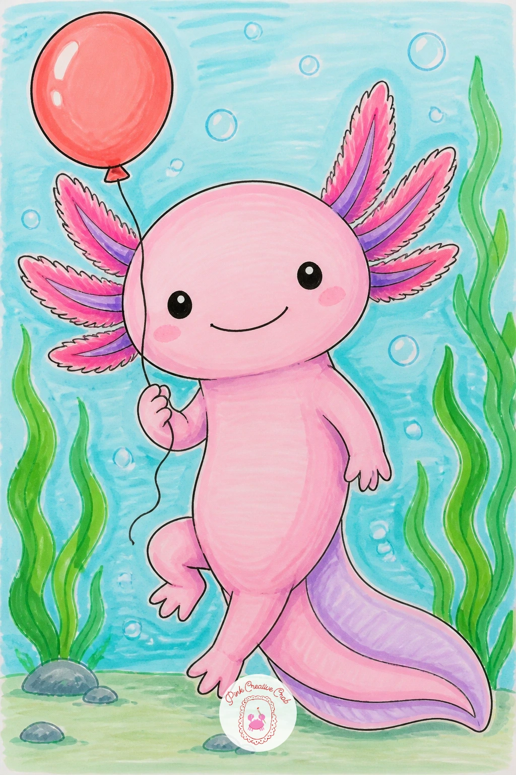 Axolotl Holding a Tiny Balloon — Give the axolotl a little prop this time: a round balloon held in one small front leg. Axolotl drawing
