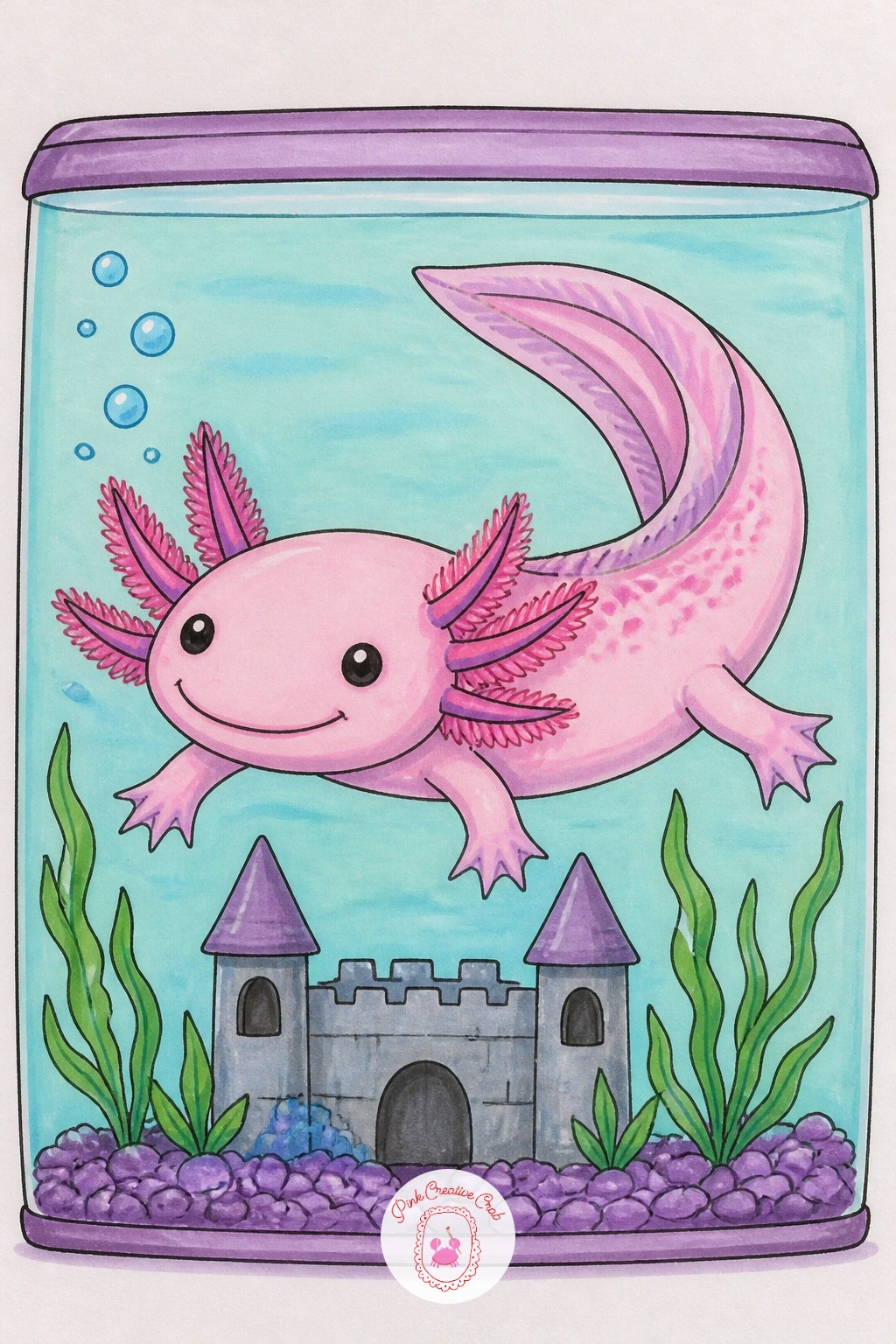 Axolotl in a Fish Tank With a Little Castle — This one turns into a small scene rather than a single character, so plan the layout loosely in pencil before any