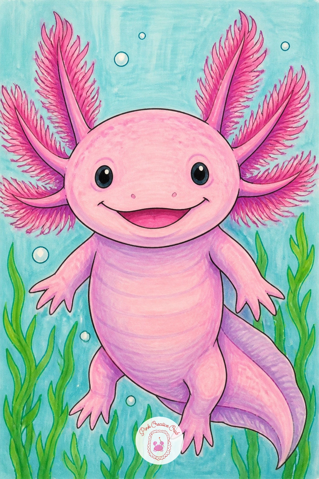 Axolotl Waving Its Frilly Gills — Make the gills the whole star of this one by drawing them bigger and bouncier than usual, as if the axolotl is waving hello
