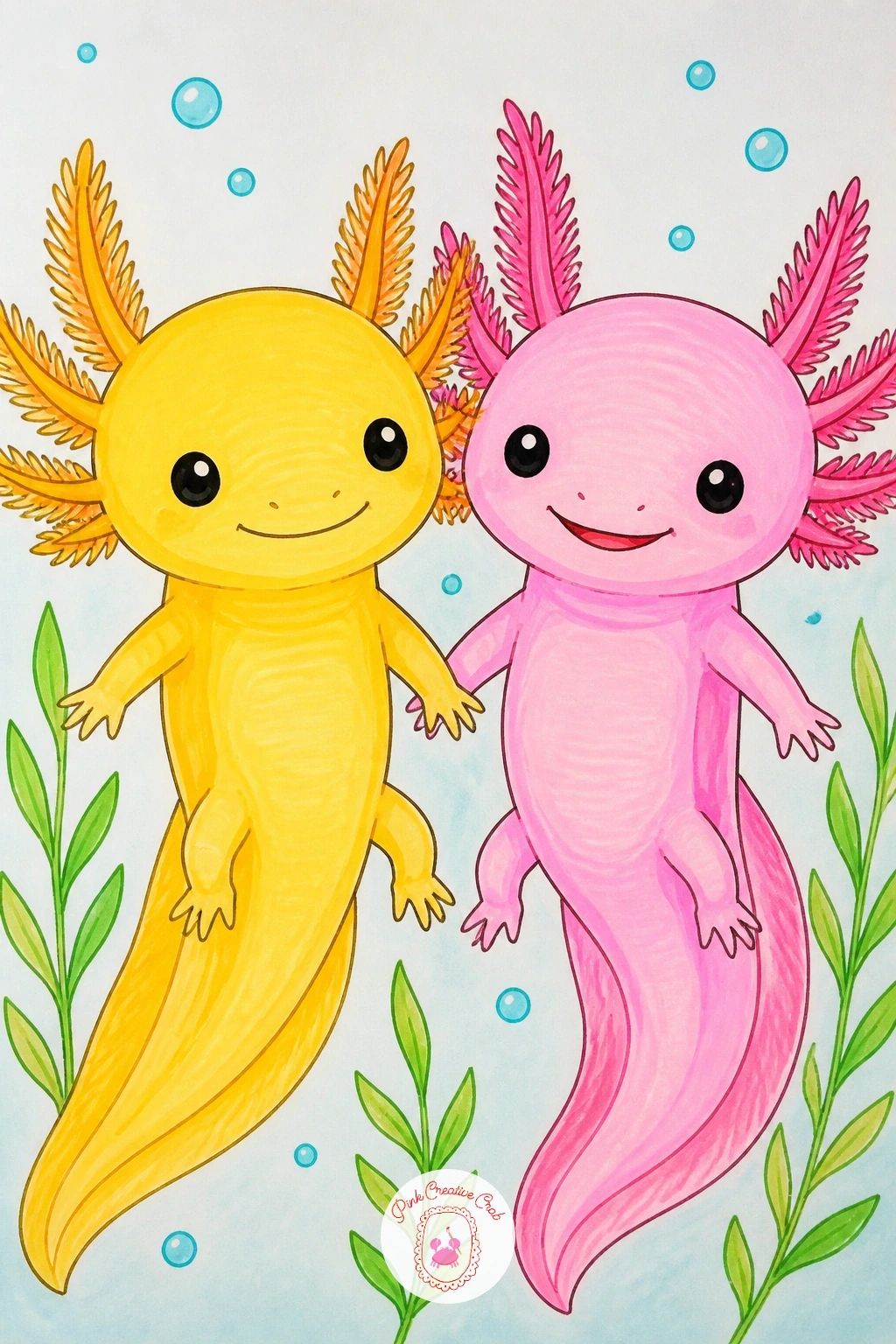 Golden Axolotl Next to a Pink One — Pair up two color variations side by side for this one, since real axolotls do come in golden and pink forms and it makes a