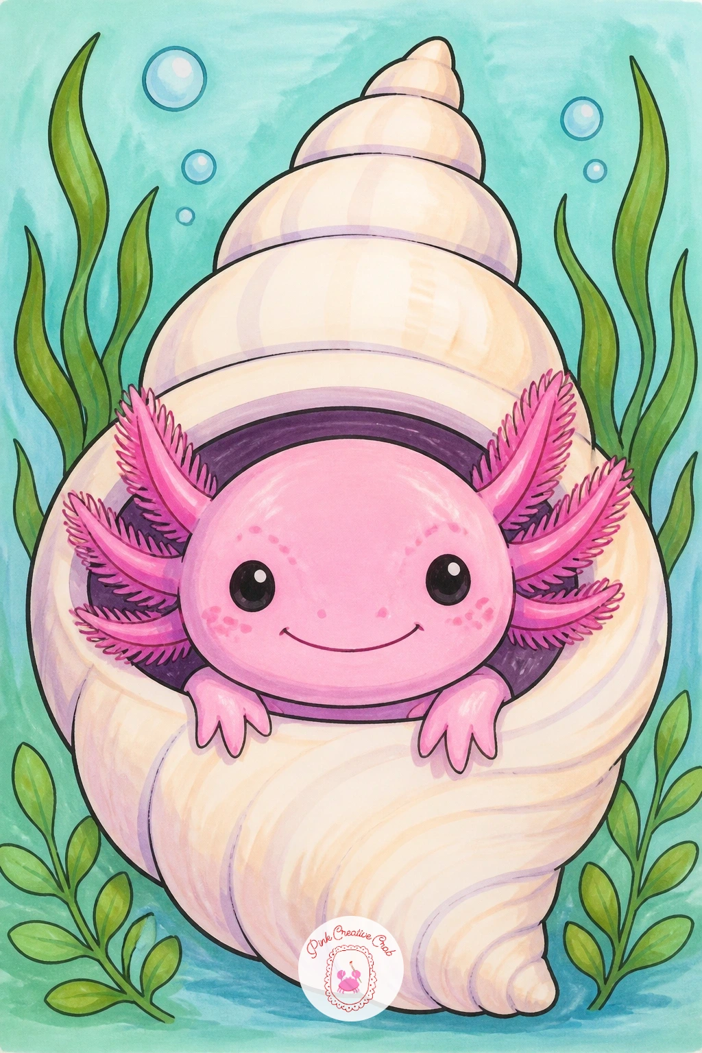 Axolotl Peeking Out of a Shell — Tuck the axolotl into a spiral shell this time, with only its head and gills showing. Axolotl drawing