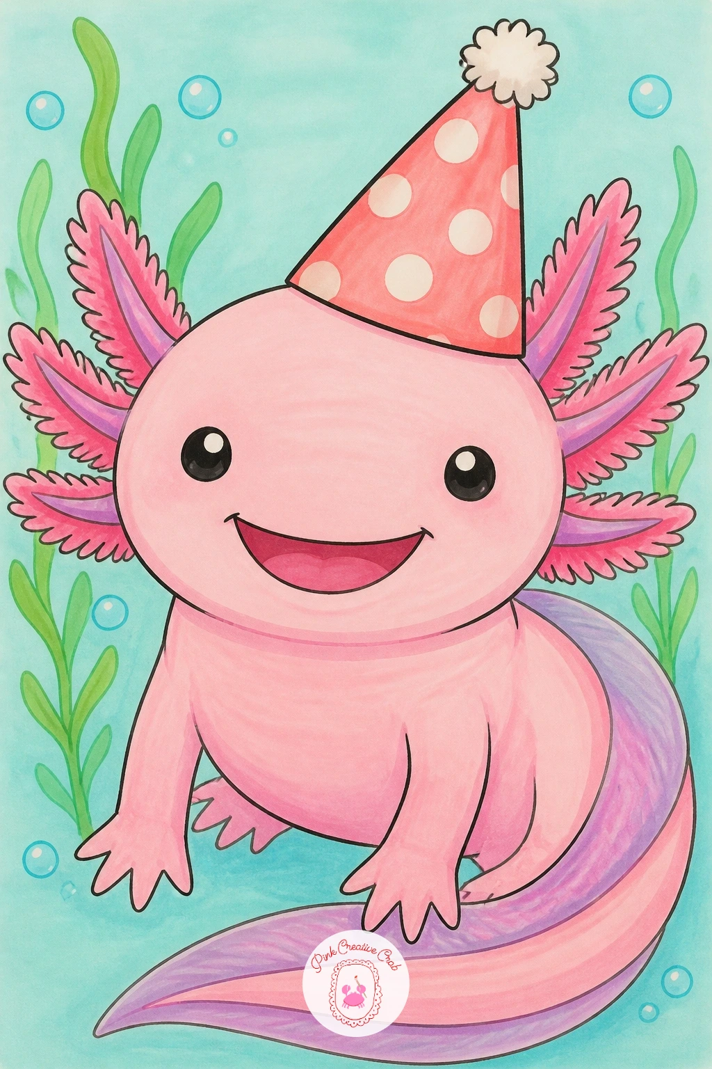 Axolotl With a Party Hat — Add a little celebration to the page with a pointed party hat sitting between the gills. Axolotl drawing
