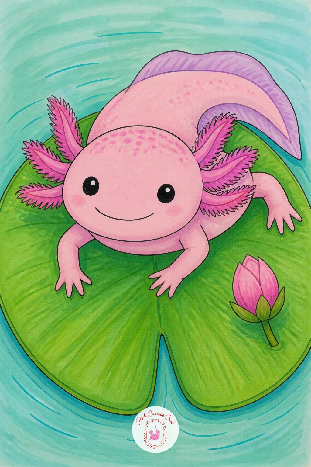Axolotl on a Lily Pad — Rest the axolotl on top of a lily pad for this one, half in the water and half out. Axolotl drawing