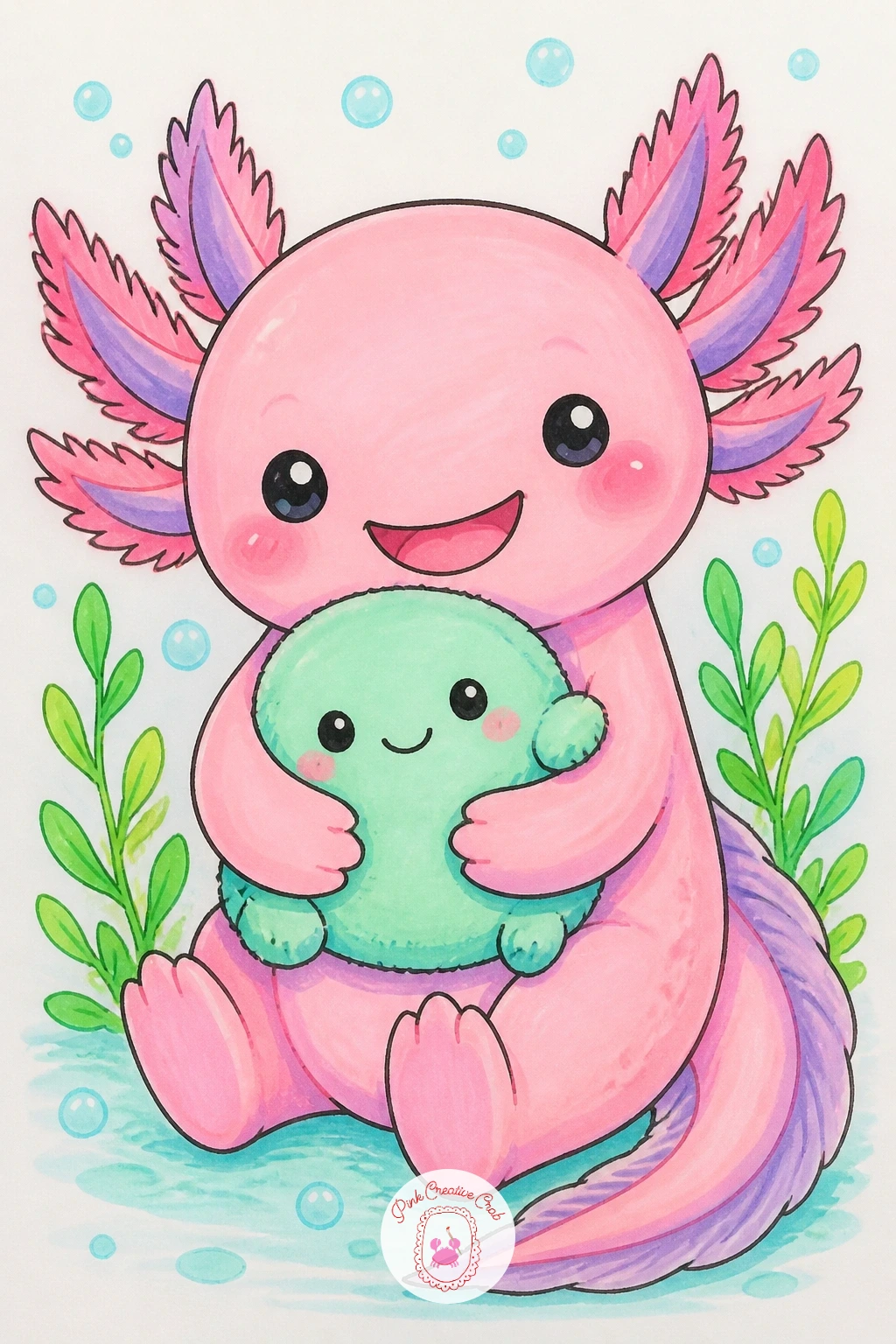Axolotl Hugging a Plushie — Give the axolotl a cuddle buddy for this one, a small round plush toy held close to its chest. Axolotl drawing