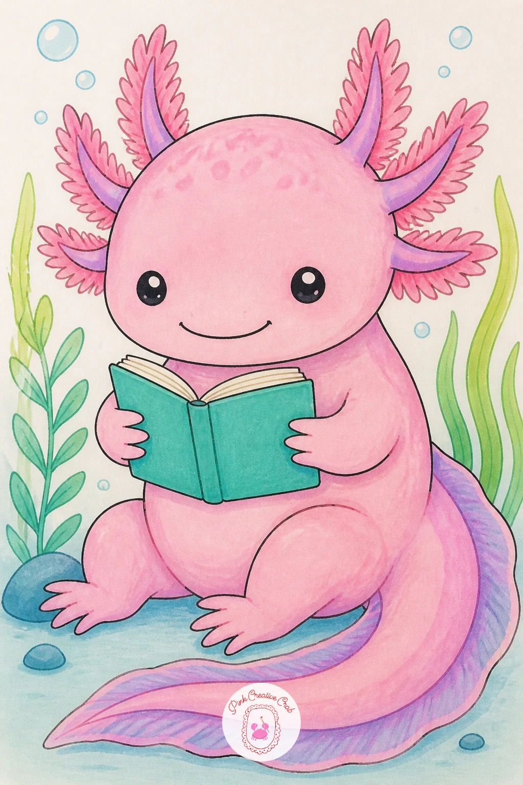 Axolotl Reading a Tiny Book — Settle the axolotl down with a small open book propped in front of it. Axolotl drawing