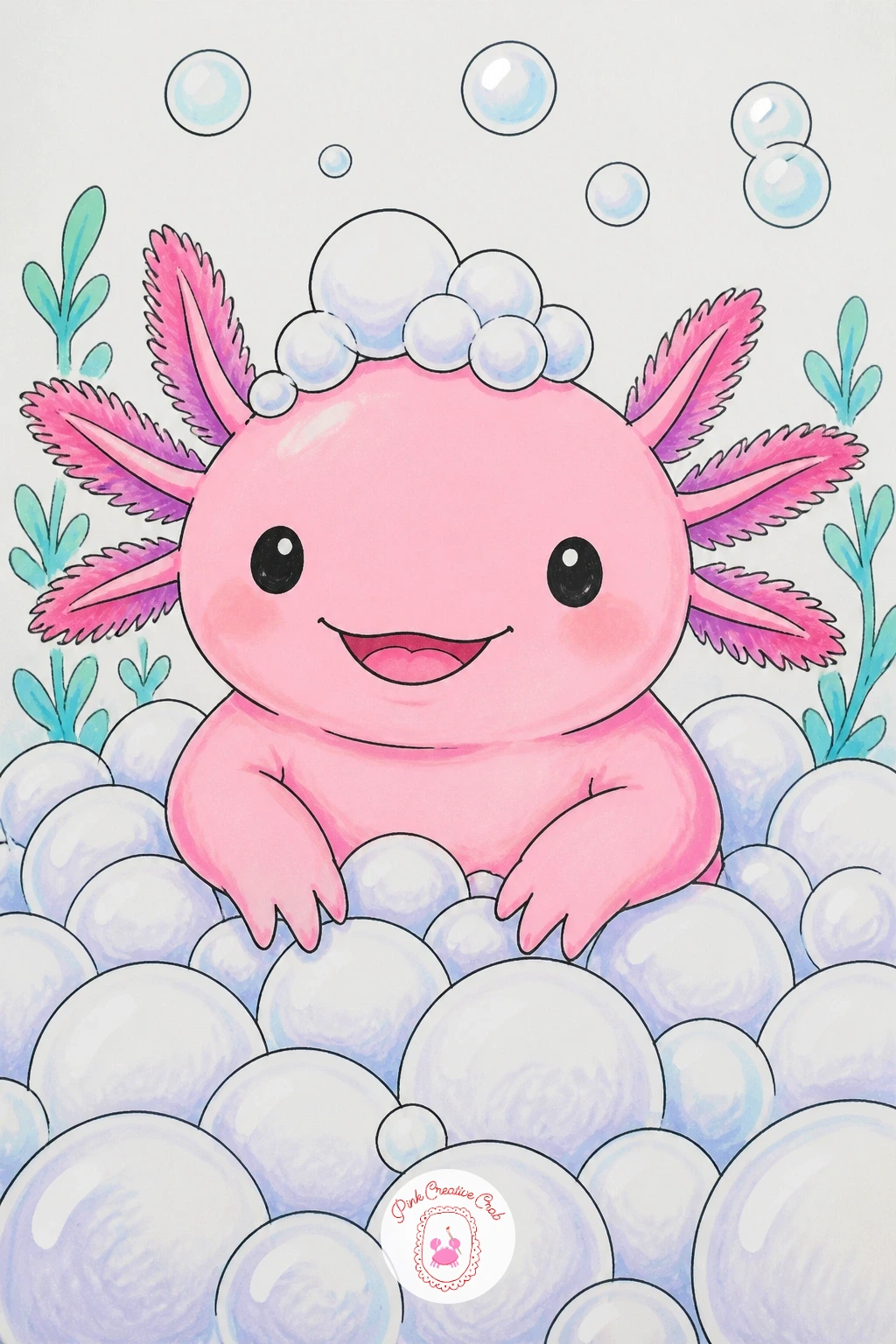 Axolotl in a Bubble Bath — Surround the axolotl in a pile of soft bubbles for this cozy scene. Axolotl drawing