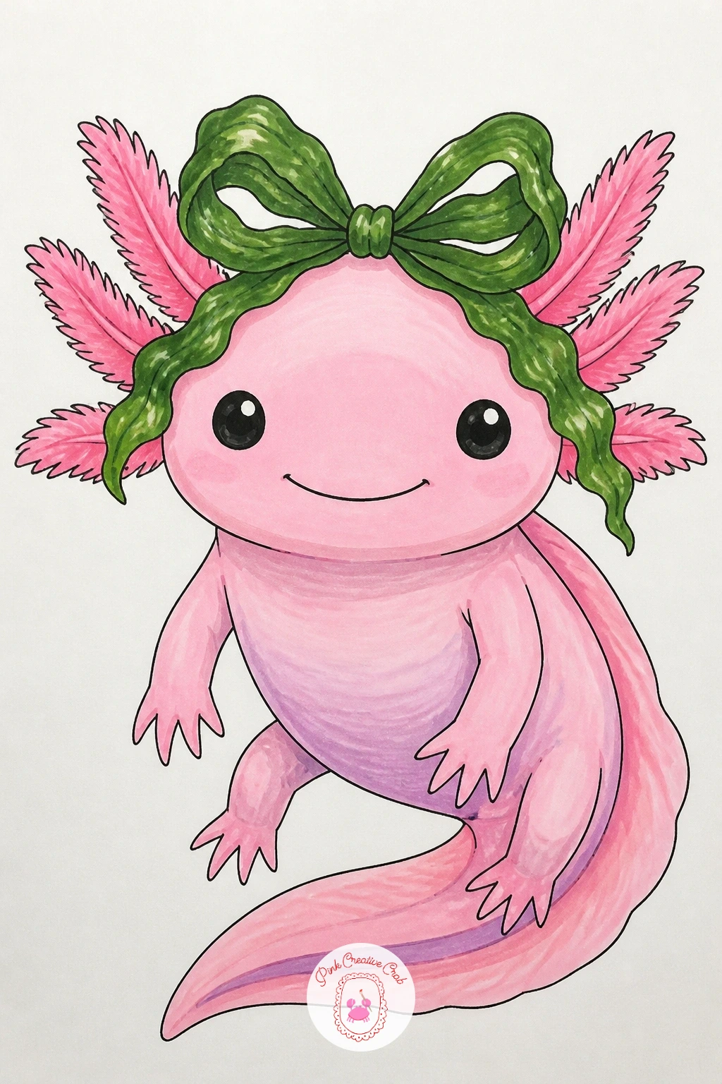 Axolotl With a Bow of Seaweed — Tie a little bow from a ribbon of seaweed onto the axolotl's head for this one. Axolotl drawing