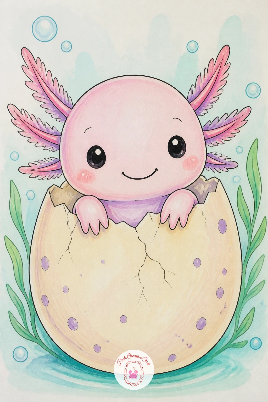 Baby Axolotl Hatching From an Egg — Capture an even tinier axolotl for this one, just its head poking out of a cracked round egg. Axolotl drawing