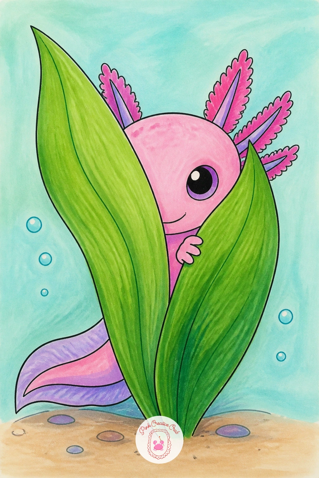 Axolotl Hiding Behind a Plant — Play a little hide-and-seek with this one, the axolotl mostly tucked behind a tall leafy water plant with just its face and one