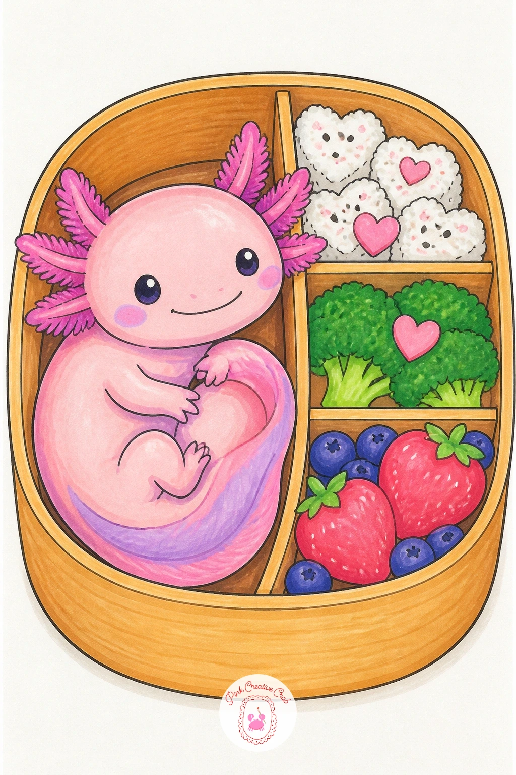 Axolotl in a Bento Box — Turn the axolotl into a playful lunchbox character for this one, sitting inside a small rectangular bento box alongside a few tiny