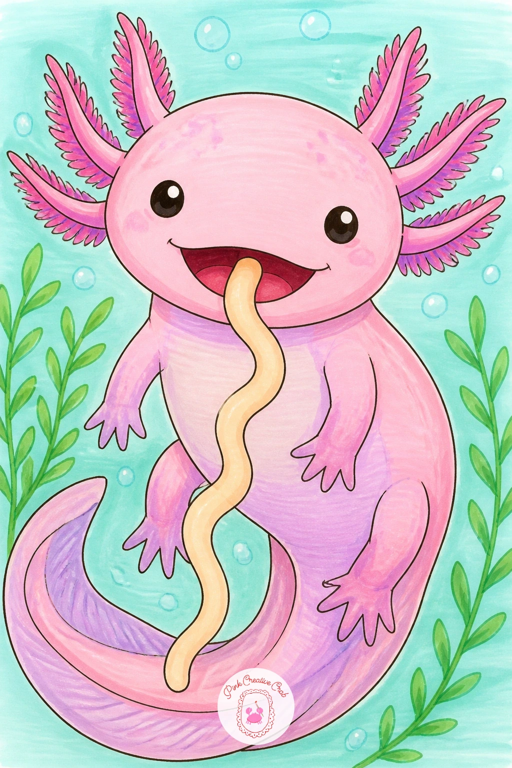 Axolotl Eating a Worm Noodle — Give the axolotl a funny little meal for this one, a single wavy worm noodle dangling from its smiling mouth. Axolotl drawing