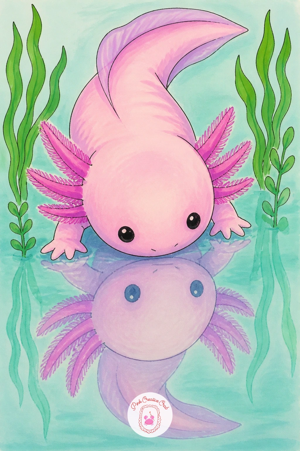 Axolotl Looking at Its Reflection — Add a quiet moment of wonder with this one, the axolotl gazing down at its own reflection in still water. Axolotl drawing
