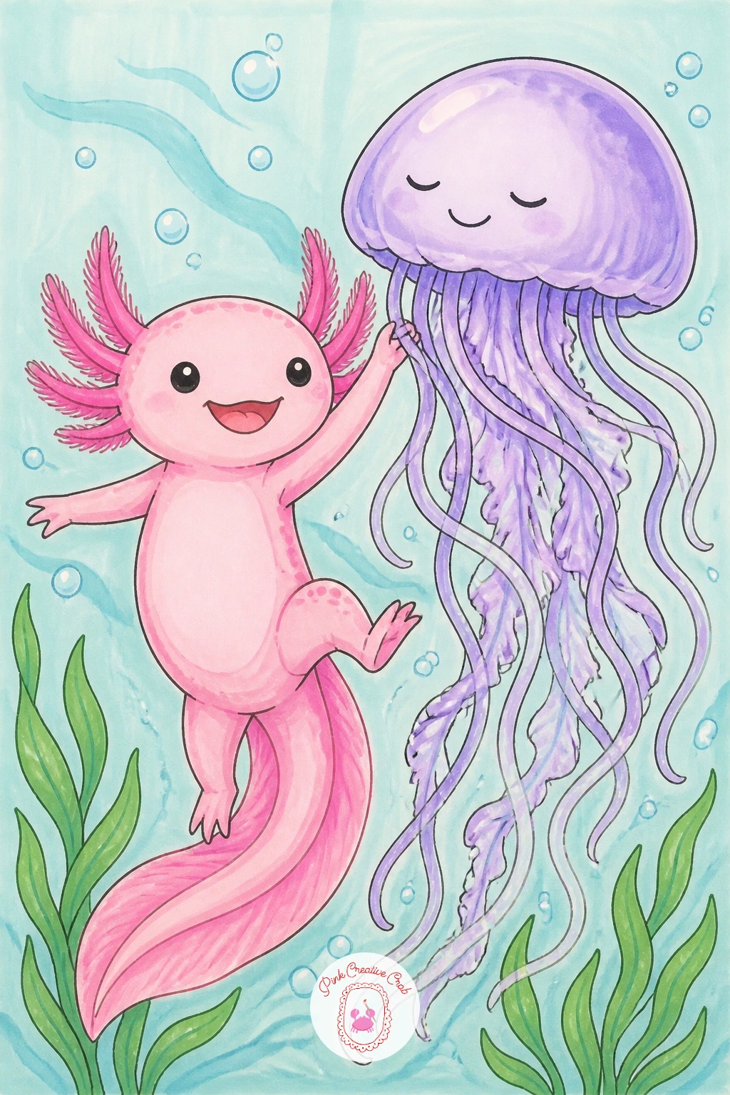 Axolotl Dancing With a Jellyfish — Pair the axolotl with a graceful jellyfish partner for this livelier scene. Axolotl drawing