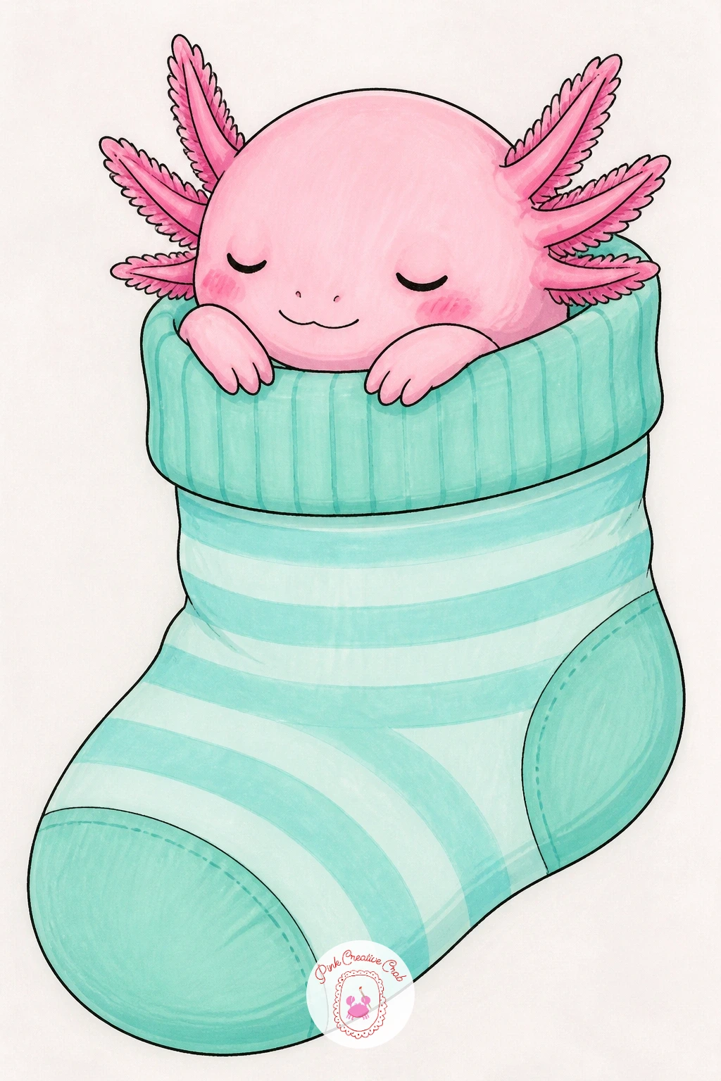 Axolotl Sleeping in a Sock — Tuck the axolotl into an unexpectedly cozy spot for this one, curled up snug inside a soft knitted sock. Axolotl drawing