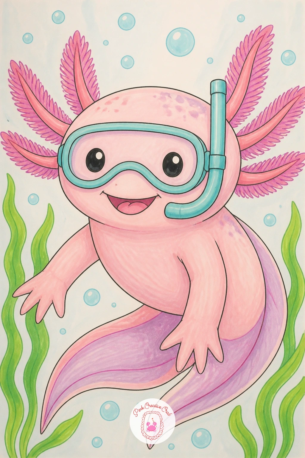 Axolotl in a Snorkel Mask — Give the axolotl an adventurous little accessory for this one, a tiny snorkel mask strapped over its eyes. Axolotl drawing