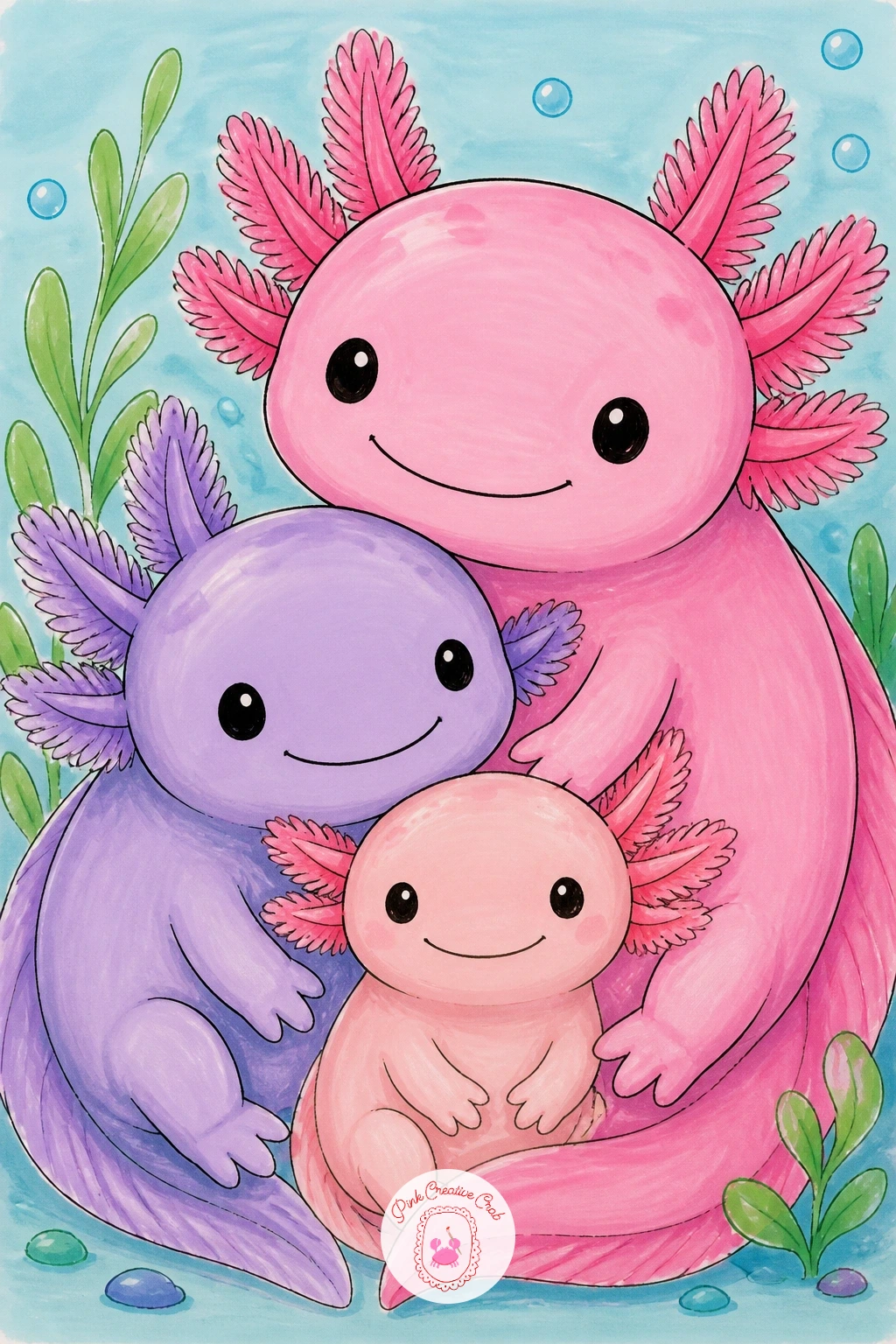 Axolotl Family of Three — Bring together a full little family for this one, one larger axolotl alongside two smaller ones of different sizes. Axolotl drawing