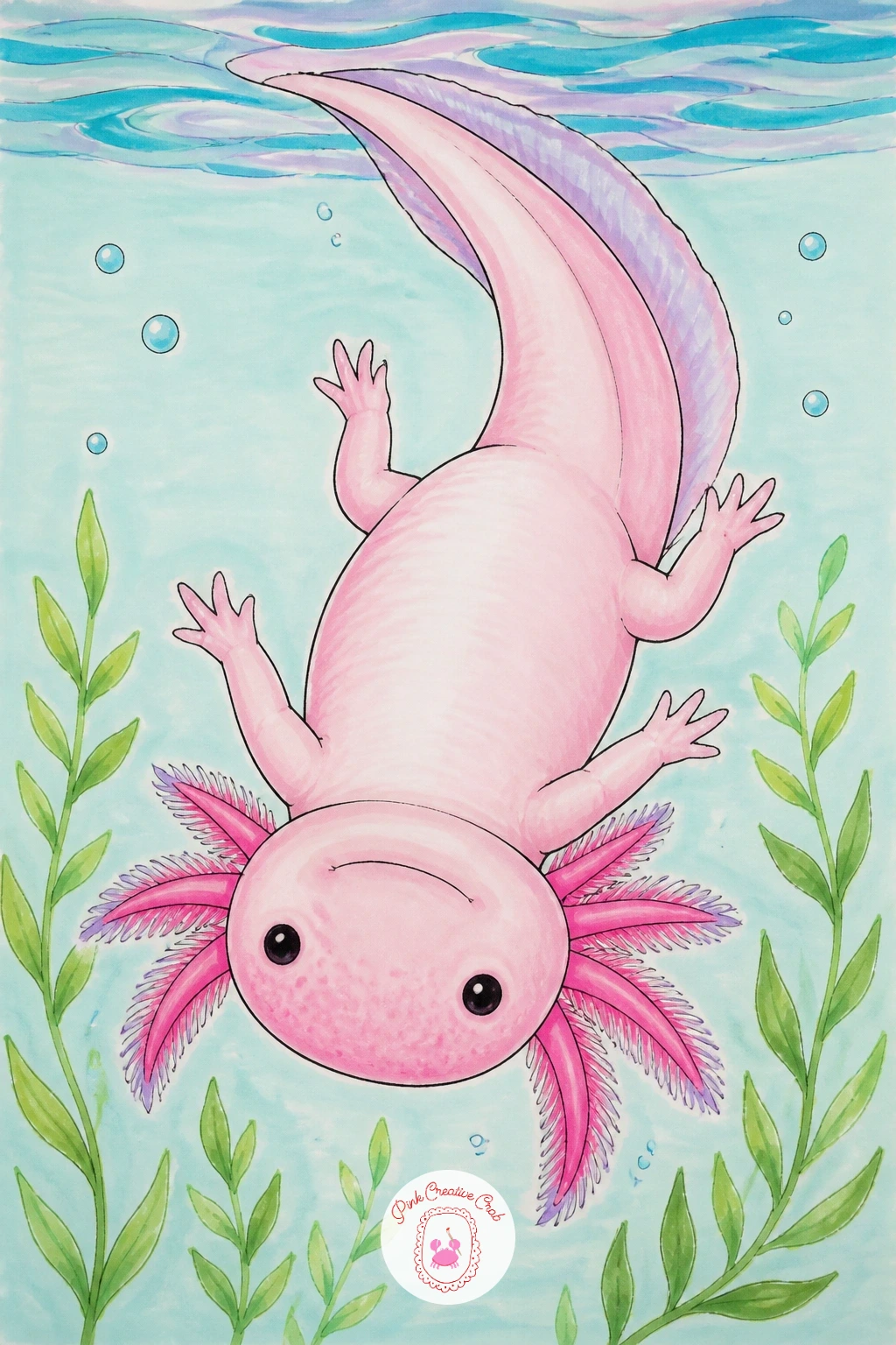Axolotl Swimming Upside Down — Flip the usual pose entirely for this one, the axolotl swimming belly-up near the top of the page. Axolotl drawing