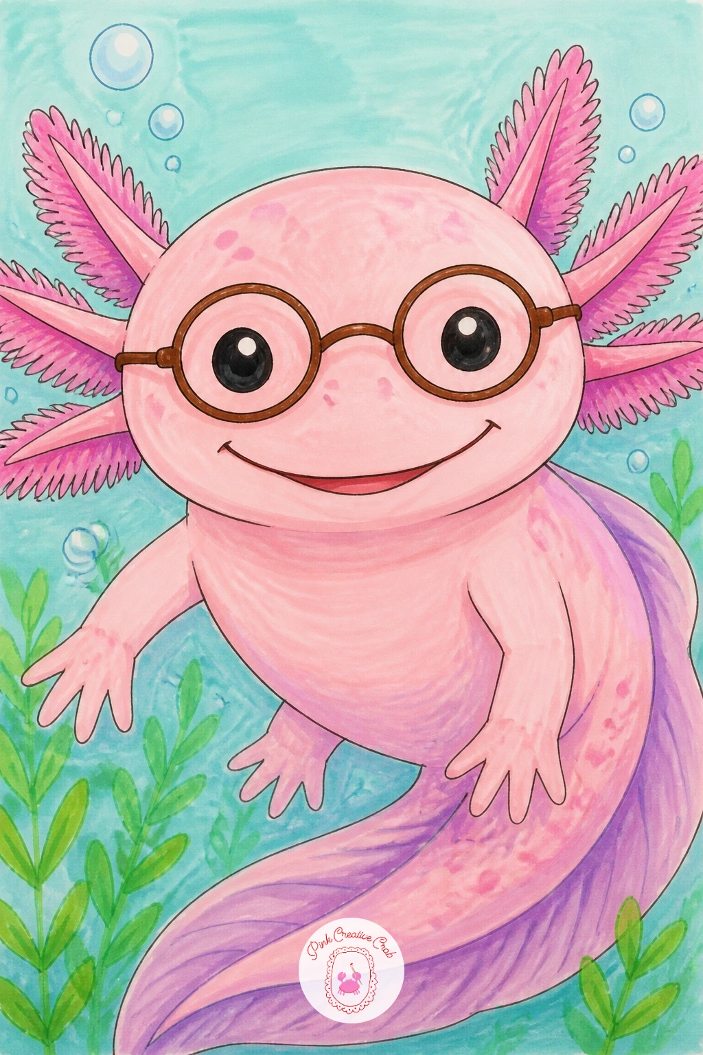 Axolotl Wearing Glasses — Close out the list with a small round pair of glasses perched on the axolotl's face for a bookish, thoughtful look. Axolotl drawing