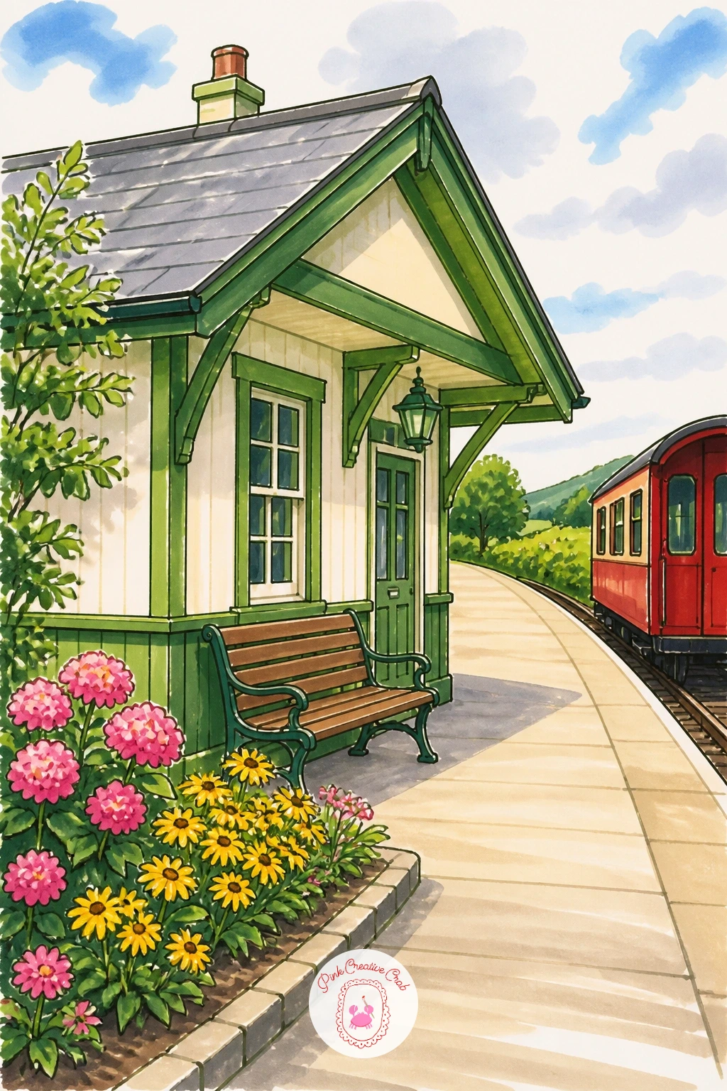 Little Country Station With Flower Bed — Start with the simplest station on the list: one small platform, a wooden bench, and a flower bed running along the