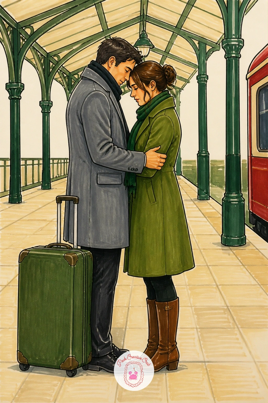 Couple Saying Goodbye on a Platform — Move from architecture to a human moment: two figures standing close together on an otherwise empty platform, a suitcase