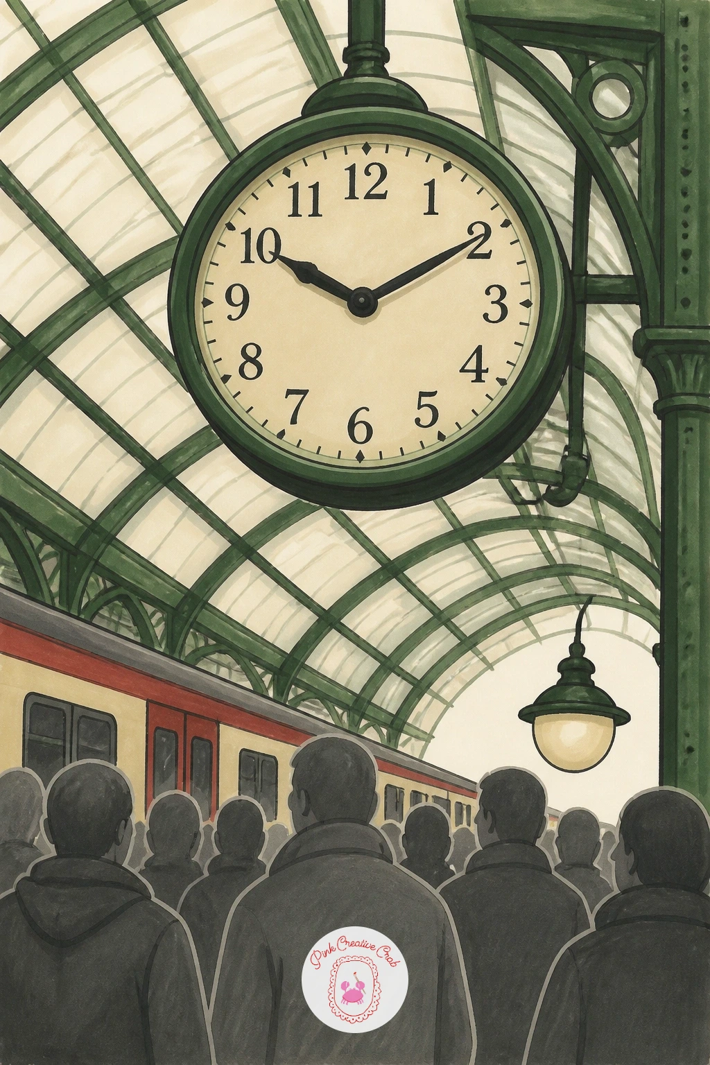 Big Round Station Clock Above the Crowd — Bring the clock into focus next, the big round face that every station seems to have hanging somewhere over the