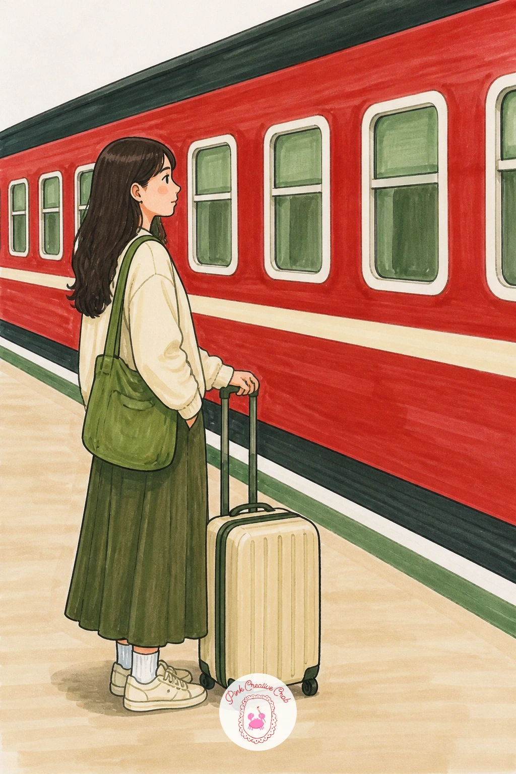 Girl With Suitcase Waiting by a Train — Give one figure the whole page this time: a girl standing beside her suitcase, waiting with the train's long red side