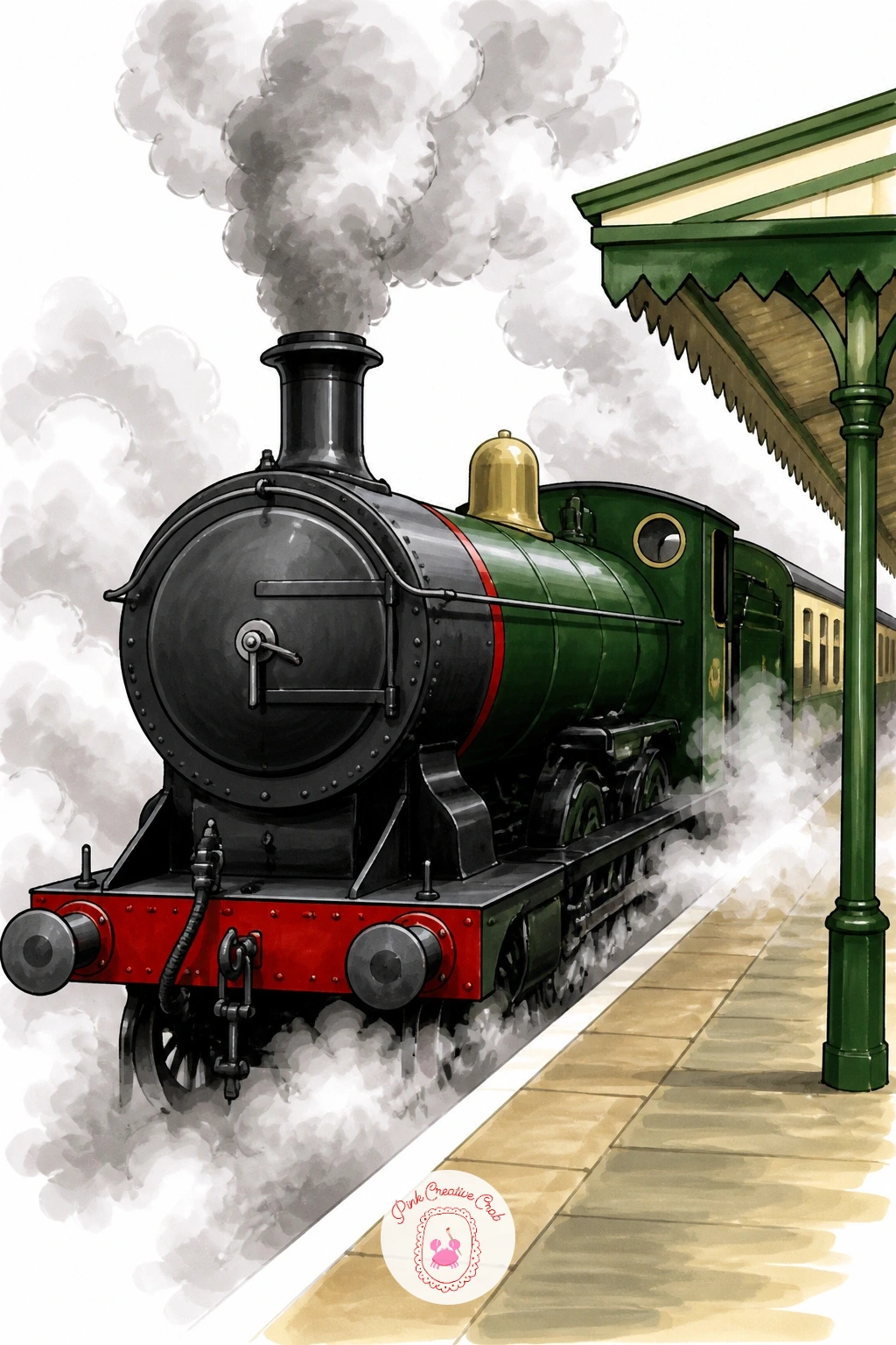 Vintage Steam Train Arriving in Steam — Steam trains ask for a little more confidence with shape, so start with the engine's rounded front and the big circular
