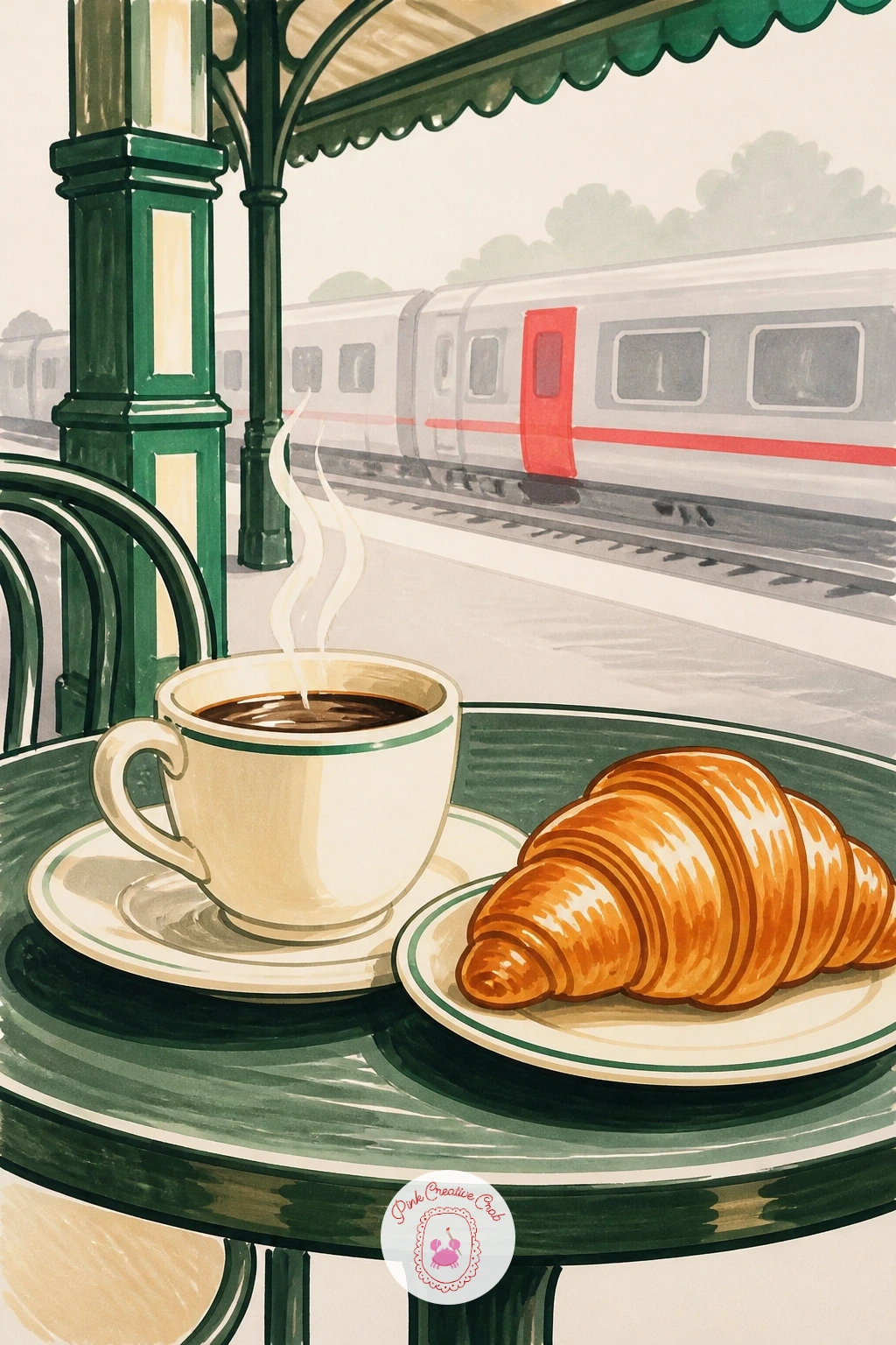 Station Cafe With Coffee and Croissant — Pull back from the tracks for a quieter corner: a small cafe table at the edge of the platform, a coffee cup and a