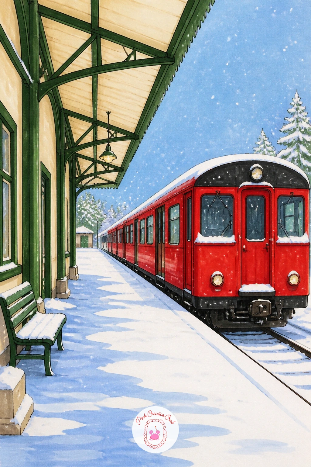 Platform in the Snow With a Red Train — Snow scenes change the usual order of working, since the white of the paper is doing most of the job that a marker