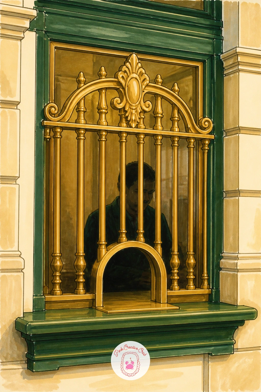 Ticket Office Window With Brass Grille — Give a small architectural detail its own page: the ticket window, with its brass grille and the dark little gap