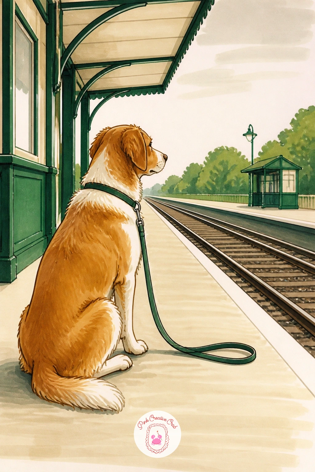 Dog Waiting on the Platform — Bring in the one animal on this list: a dog sitting patiently on the platform, lead trailing loose, eyes fixed somewhere down the