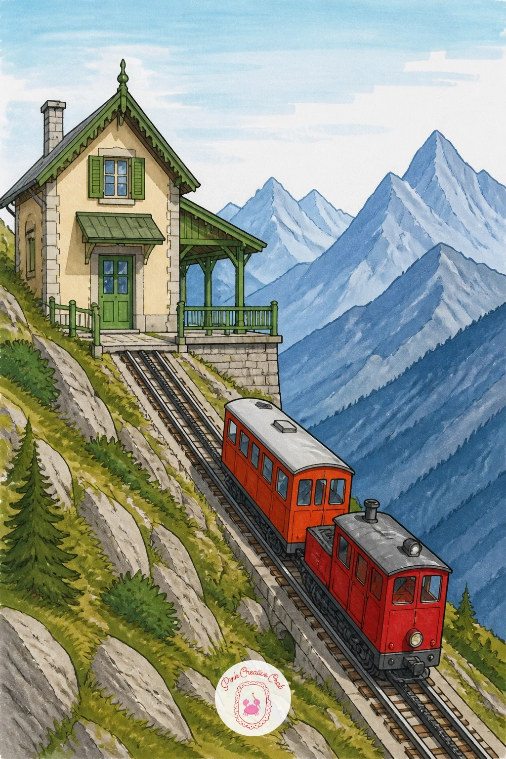 Mountain Station With Cog Railway — Take the station up into the mountains next, with a little cog railway train climbing a steep slanted track beside the