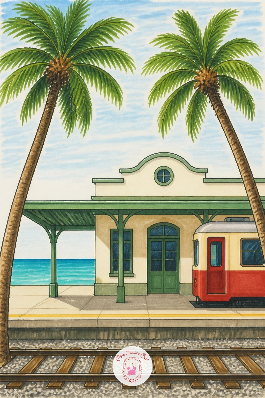 Seaside Station With Palm Trees — Swap mountains for sea air with a little station framed by a couple of leaning palm trees and a strip of blue visible beyond