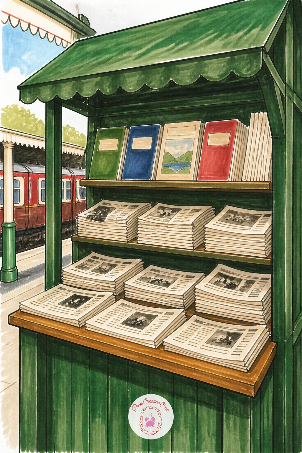Station Bookstall With Newspapers — Fill the page with a cluttered little bookstall next, newspapers and magazines stacked and pinned along a wooden frame.
