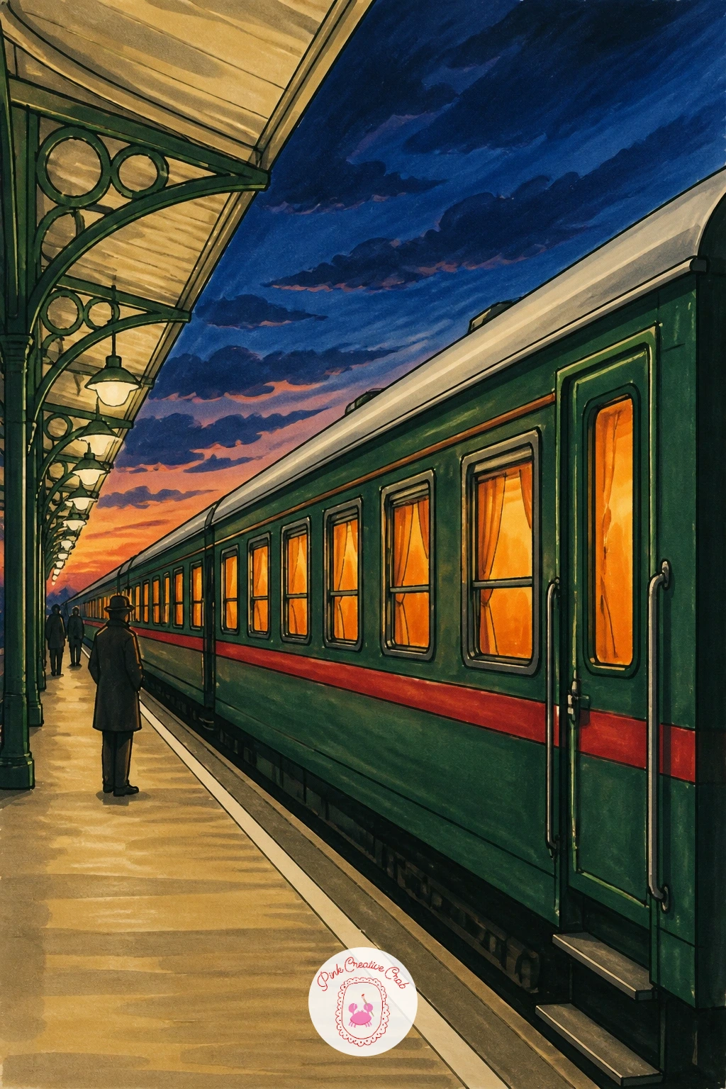 Sleeper Train Ready for the Night — Move into the evening with a sleeper train standing at a quiet platform, its windows glowing warm against a darkening sky.