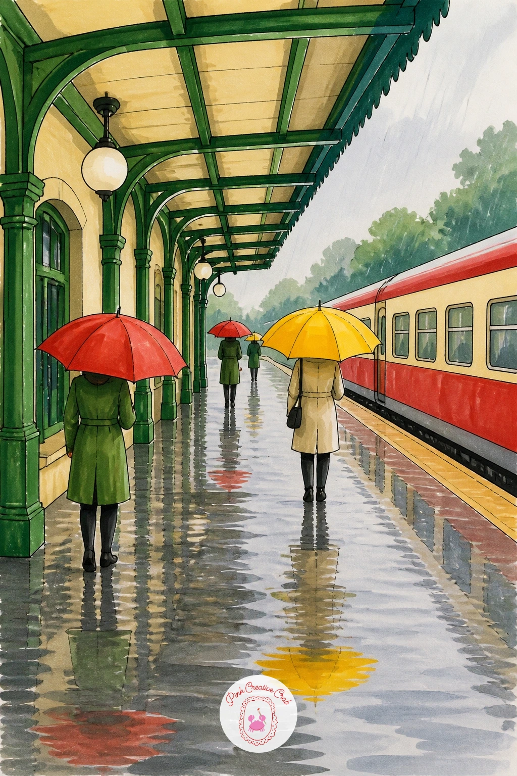 Station in the Rain With Umbrellas — Rain scenes ask for a little restraint, so draw the station building and platform first in plain, simple lines before