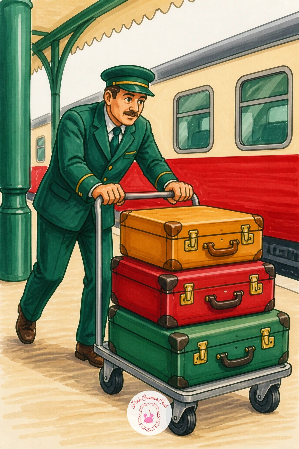 Porter With a Luggage Trolley — Put a working figure at the center of the page this time: a porter pushing a trolley stacked with cases of different sizes.