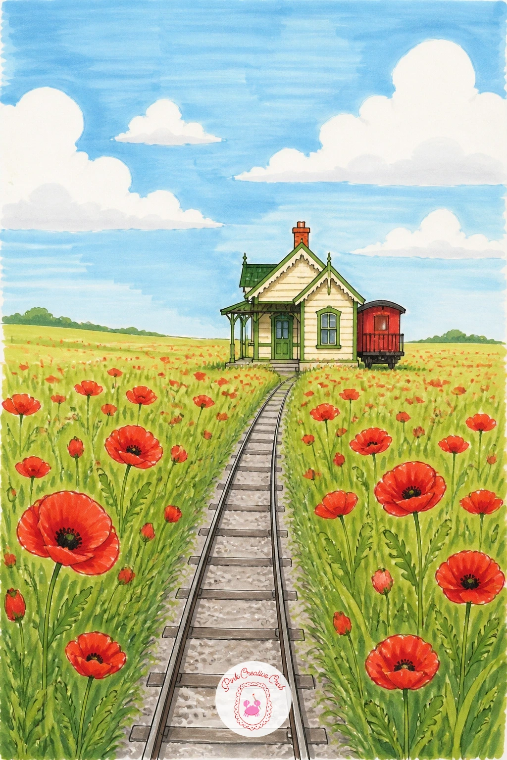 Tiny Station in a Field of Poppies — Let the landscape take over for this one: a very small station building almost lost in a field of red poppies stretching