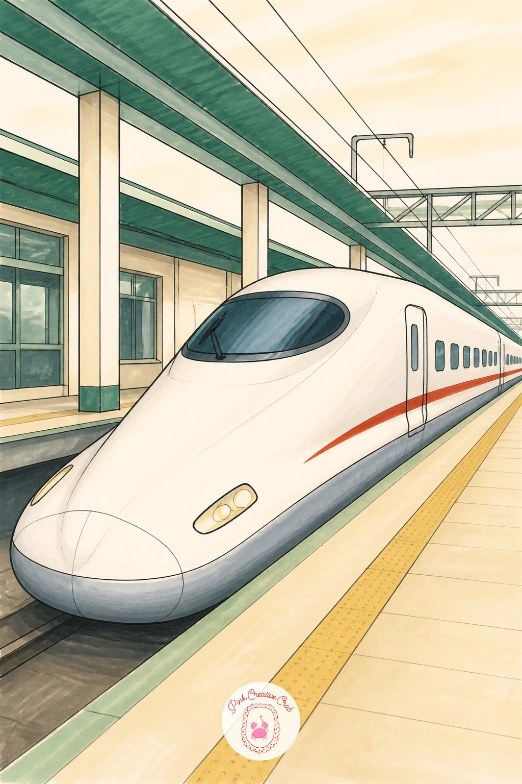 Japanese Station With Bullet Train — Bring in a sleek modern train for contrast: a Japanese-style bullet train, its long nose pointed and smooth, pulling into
