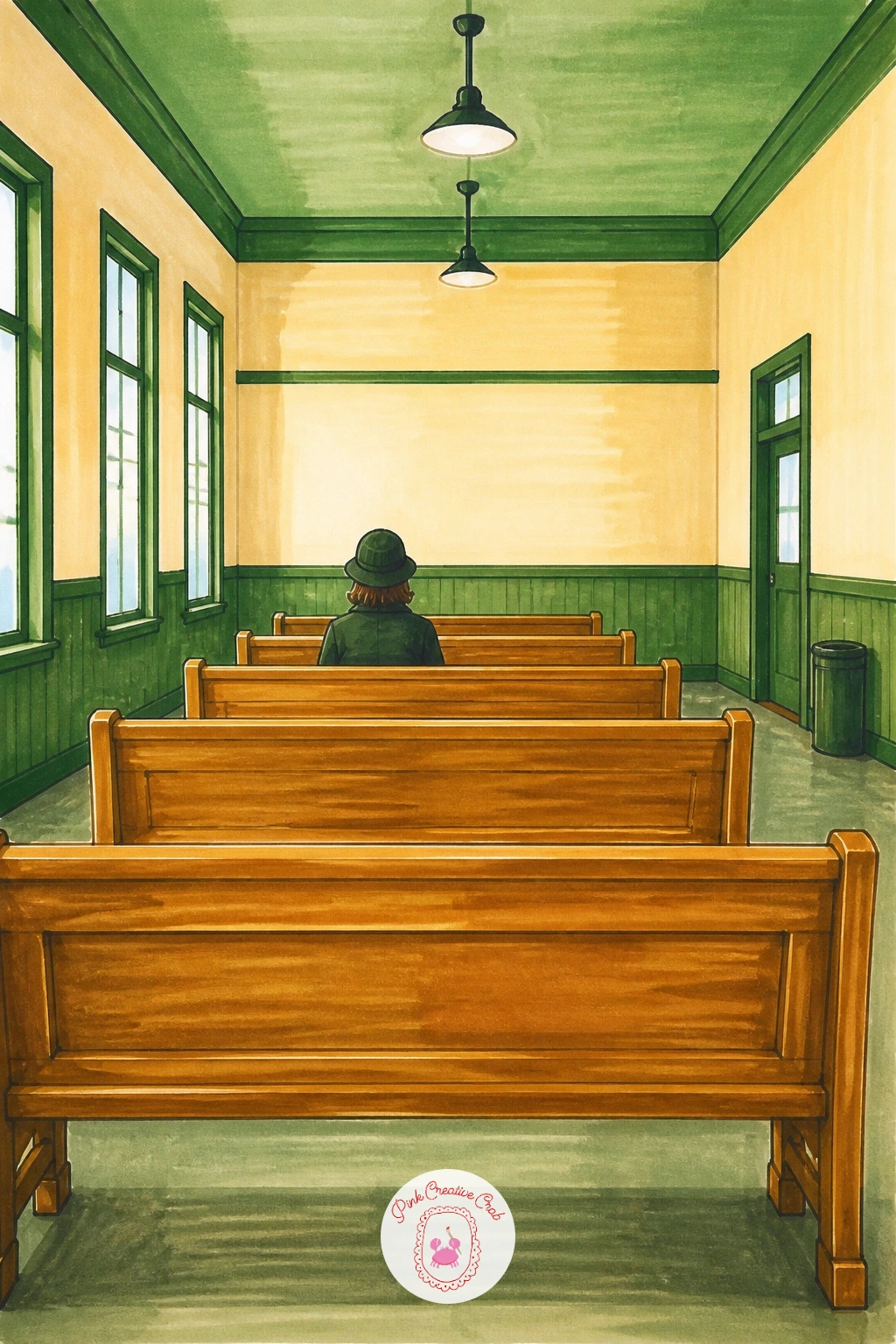 Station Waiting Room With Wooden Benches — Step indoors for a quiet waiting room scene, rows of old wooden benches facing each other under a plain ceiling.