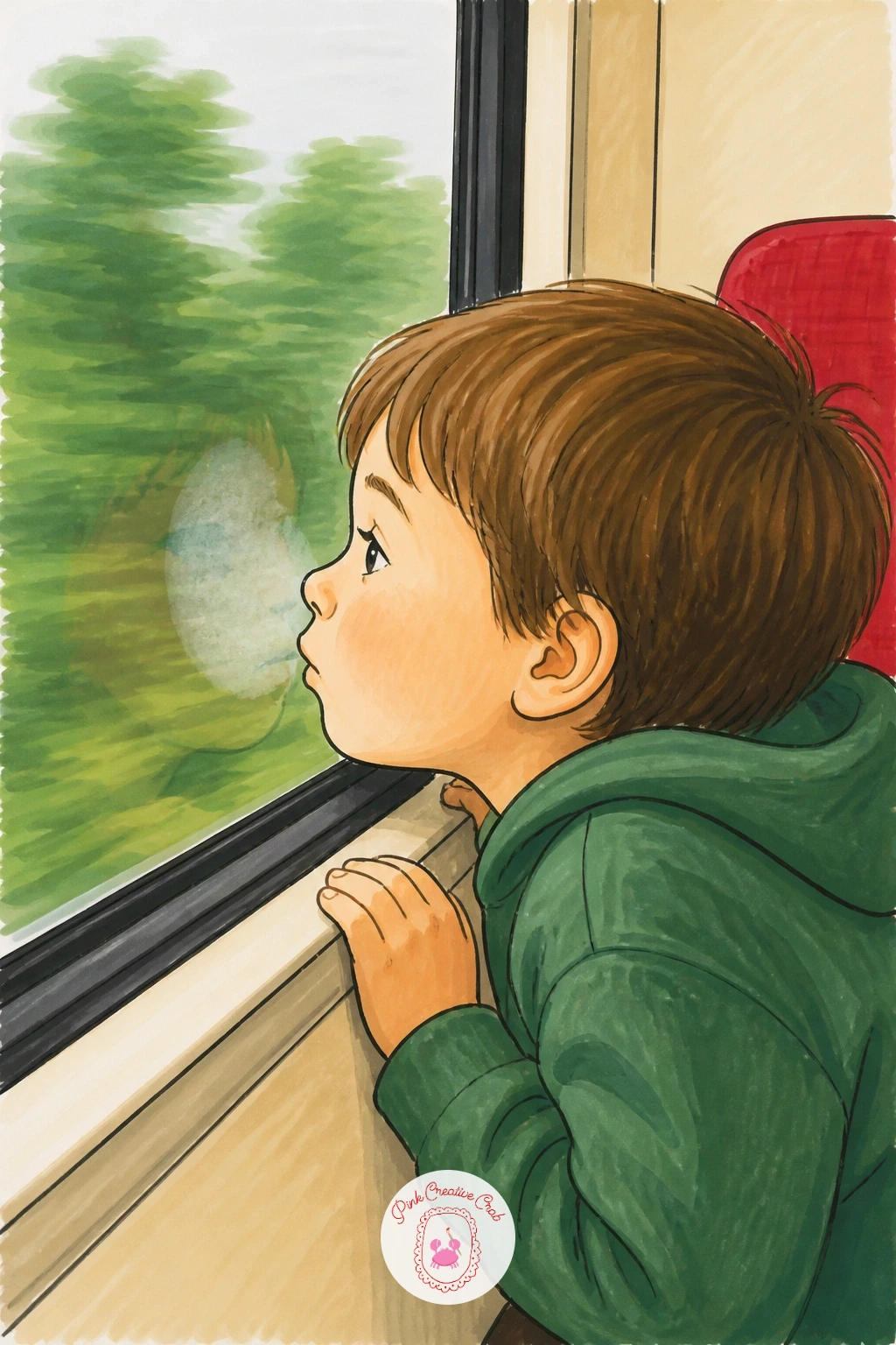 Child Pressing Face to Train Window — Zoom right in for this one: just a train window and a child's face pressed close against the glass from inside, looking