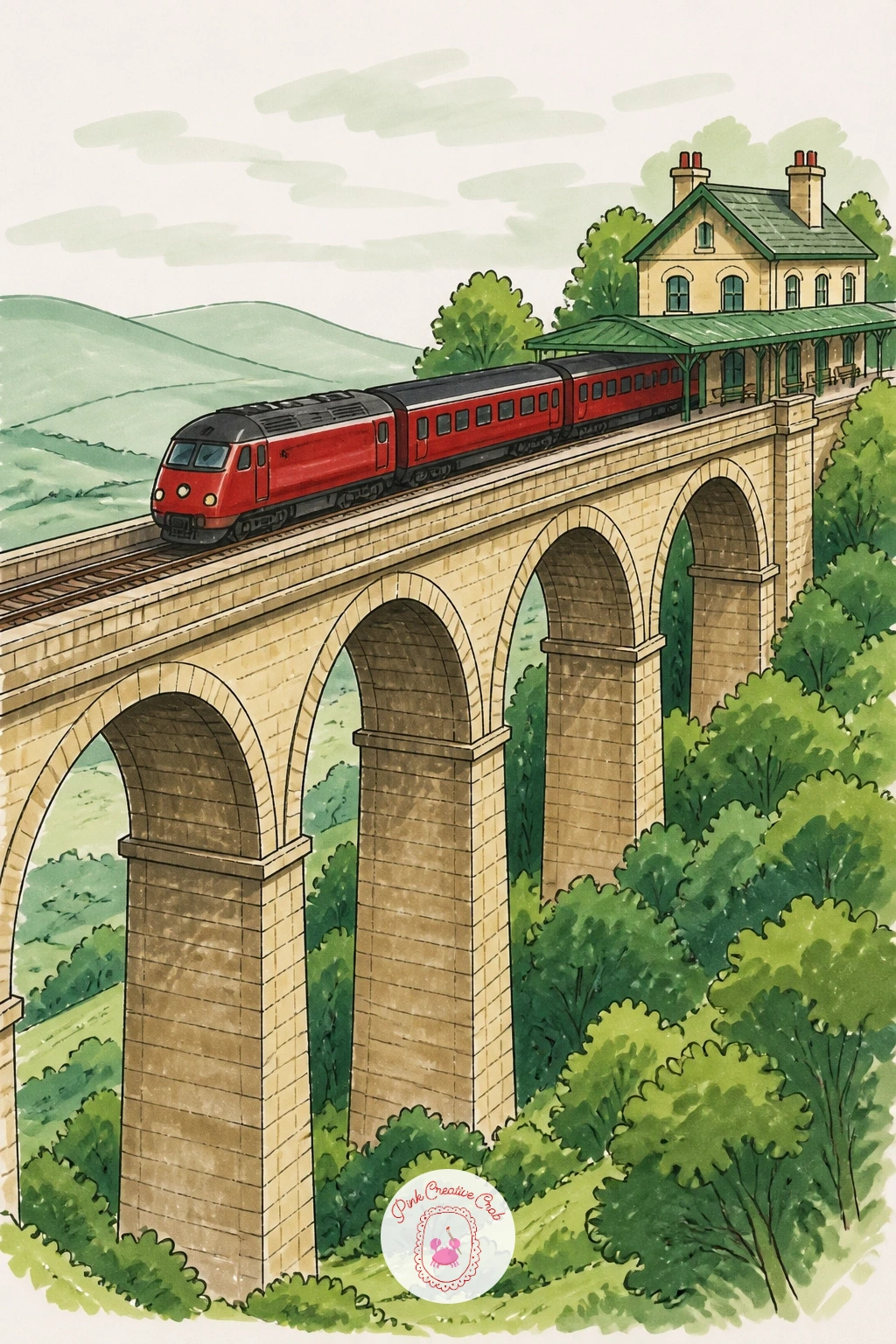 Train Crossing a Viaduct Beside a Station — Pull the camera back for a wider view: a train crossing a tall stone viaduct with a small station visible at one
