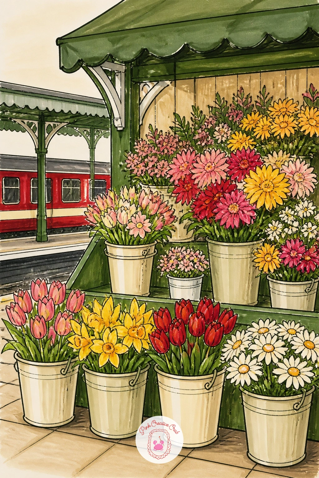 Station Flower Stall — Bring color back to the foreground with a station flower stall, buckets of blooms crowded together under a simple awning. Train station