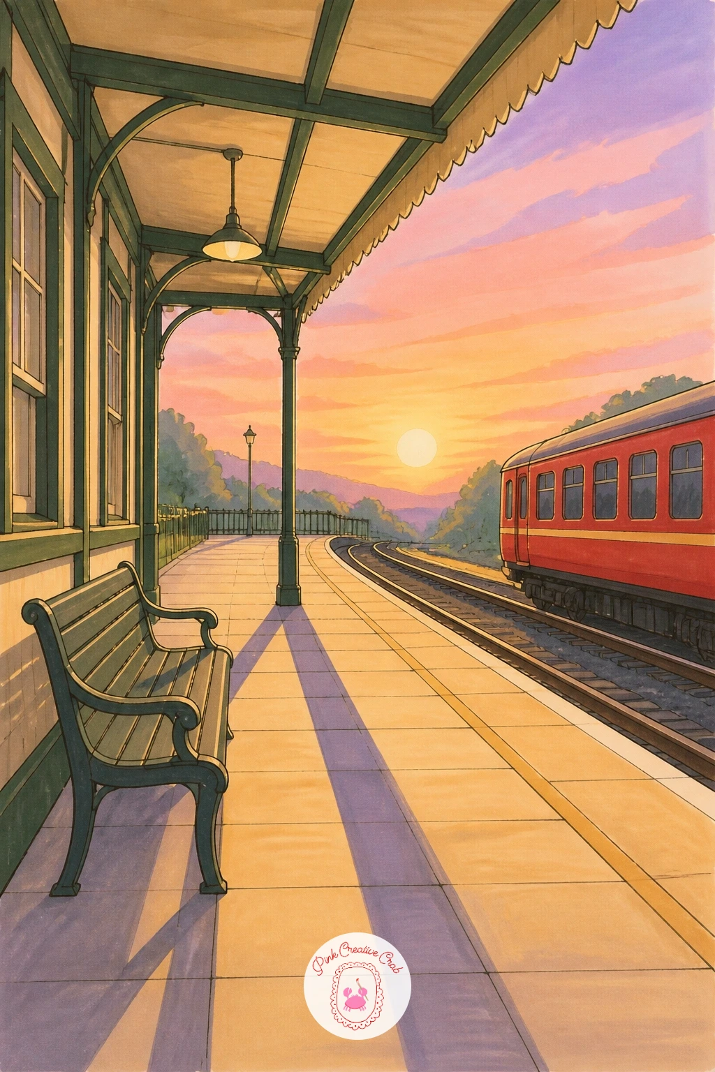 Platform at Pastel Sunrise — Give the empty platform its quietest moment: no people, no train, just pale morning light washing across the ground and roof.