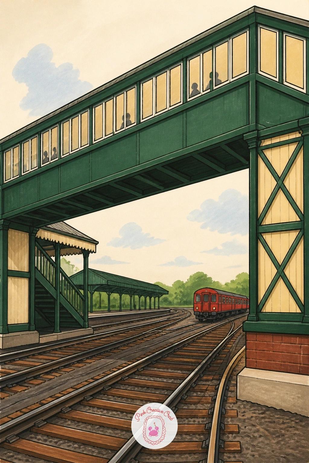 Station Footbridge Over the Tracks — Climb up above the platform for this one: a covered footbridge crossing over several tracks, seen from a slight angle