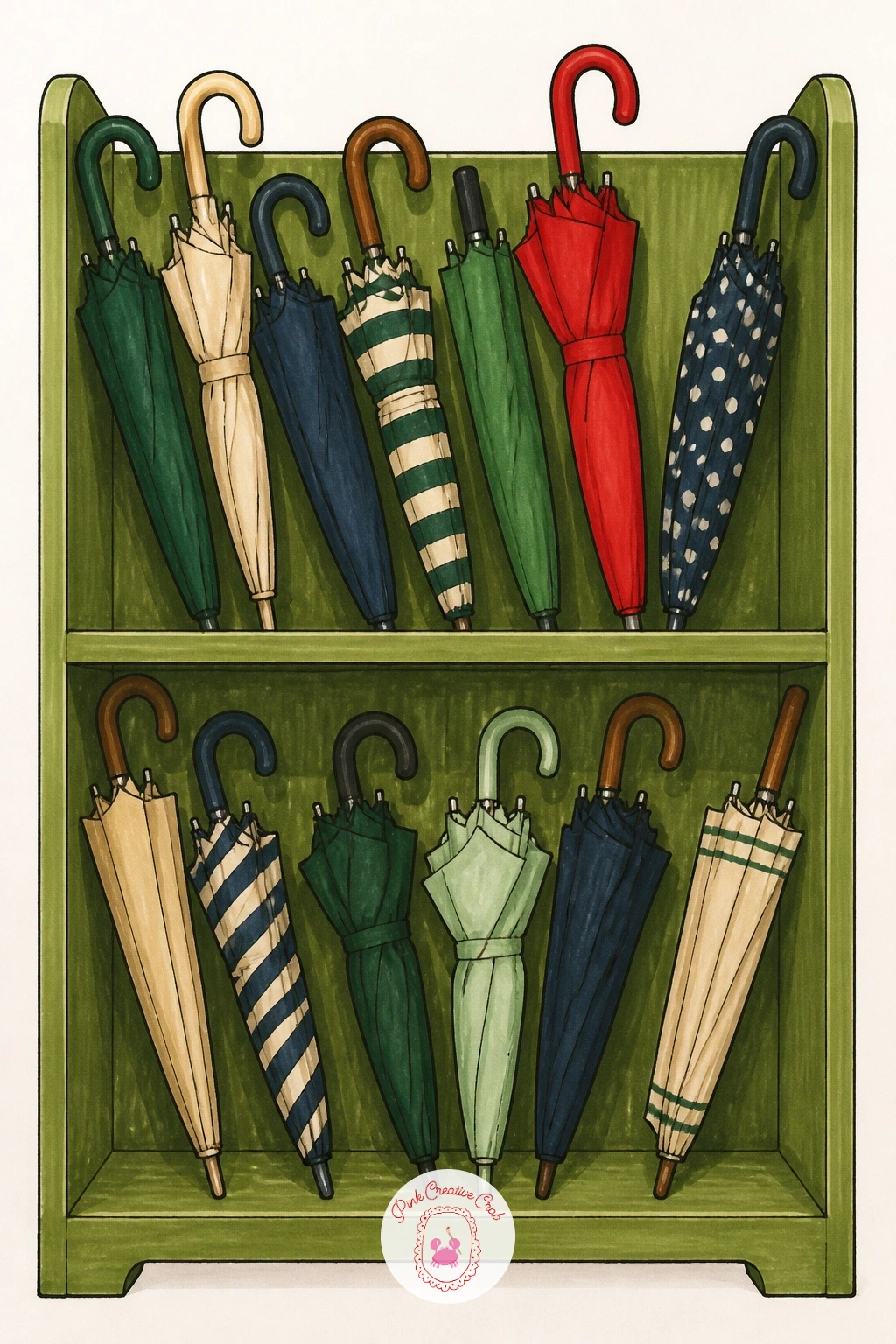 Lost Property Shelf Full of Umbrellas — Try a small, quietly funny detail next: a shelf or rack crowded entirely with mismatched lost umbrellas, folded and