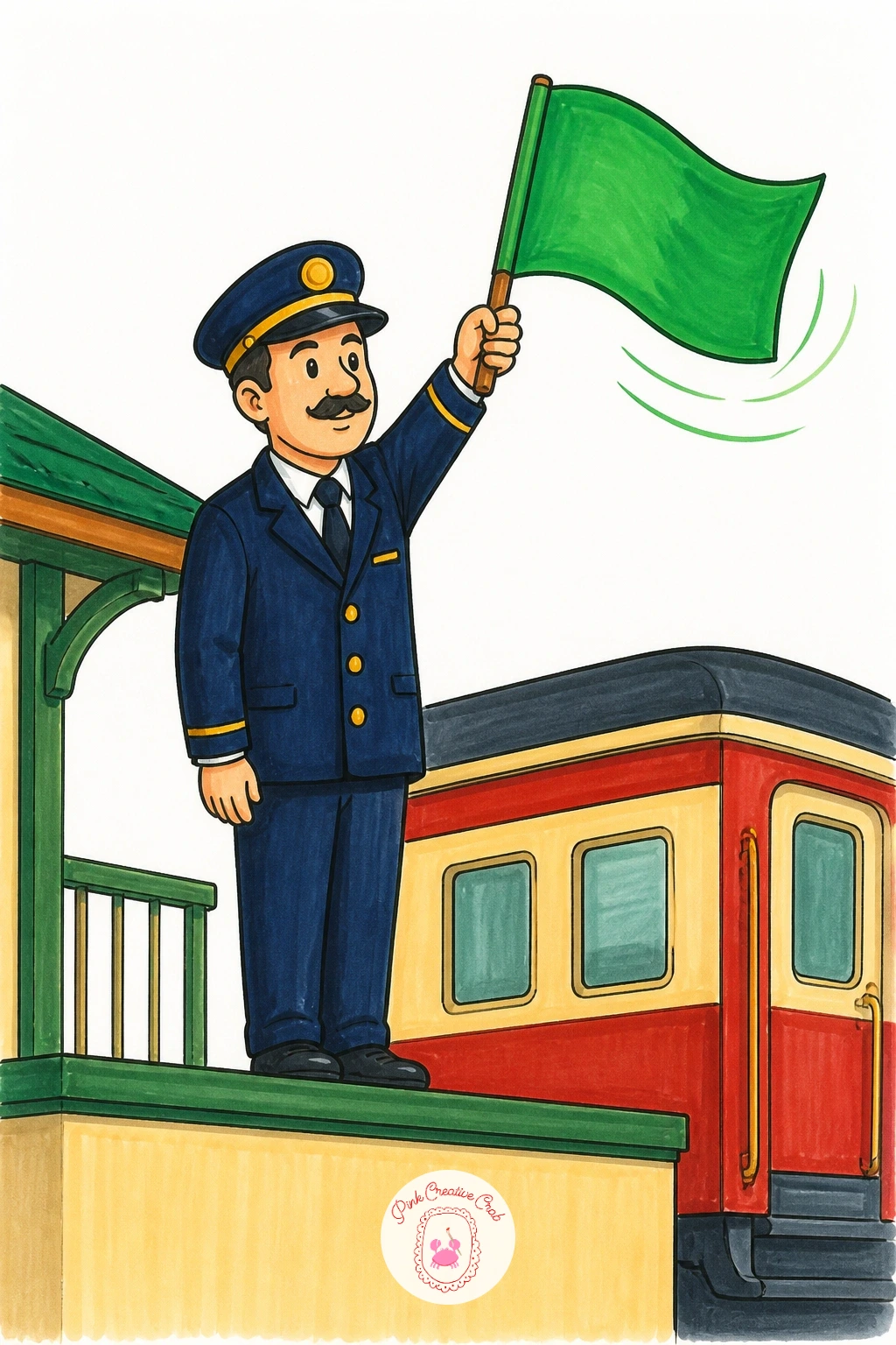 Conductor Waving a Flag — Put motion and gesture at the center with a conductor standing mid-platform, arm raised, flag caught at the moment of the wave. Train
